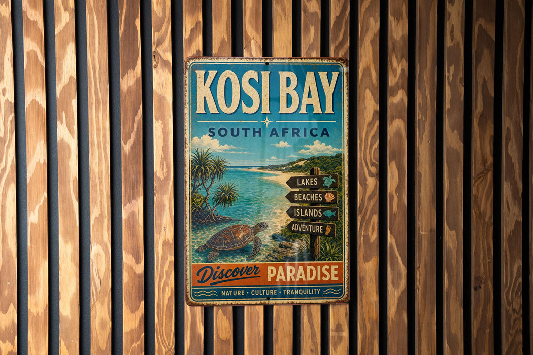 A vintage metal sign for Kosi Bay, South Africa, featuring a tropical beach scene with palm trees and a turtle.