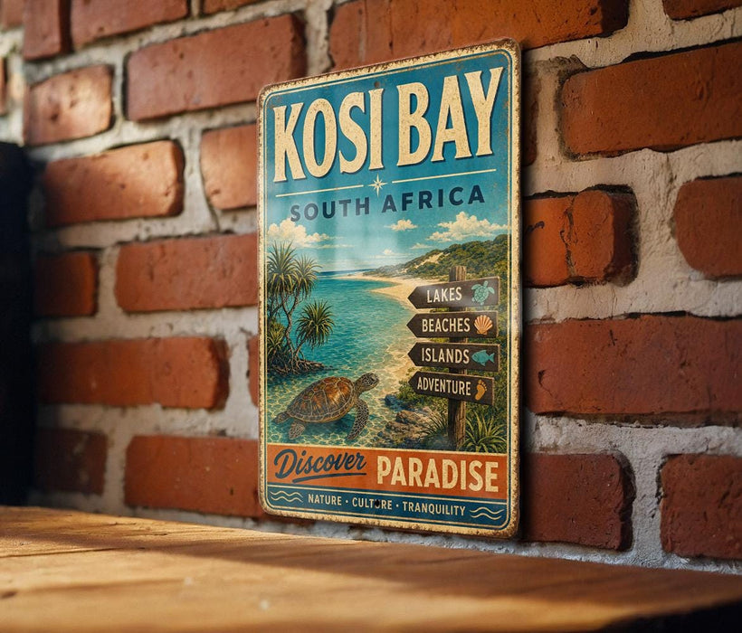 A vintage-style metal sign for Kosi Bay, South Africa, featuring a beach scene with palm trees and a turtle, mounted on a brick wall.