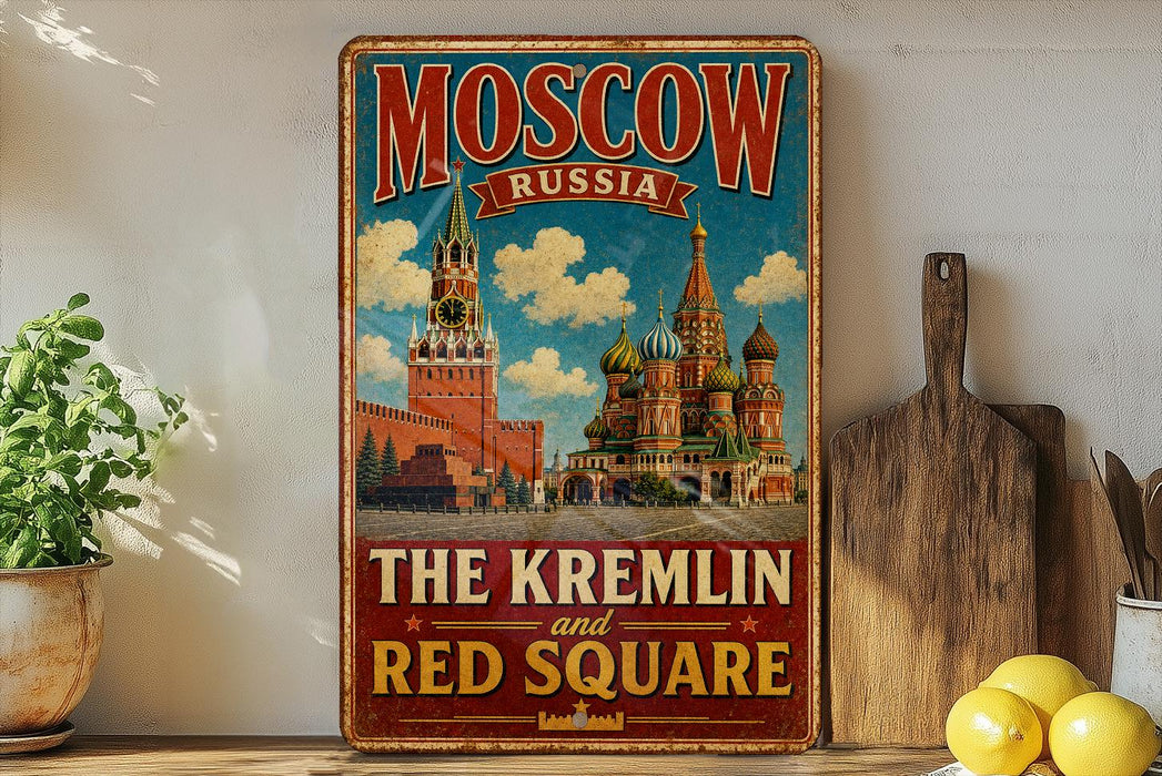 A vintage-style poster of Moscow, Russia, featuring the Kremlin and the Red Square, is displayed on a wall next to a wooden cutting board and some lemons.