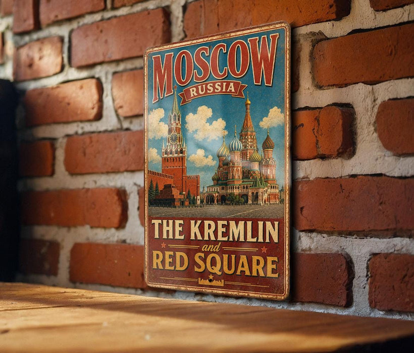 A vintage-style metal sign displaying the text "MOSCOW RUSSIA THE KREMLIN AND RED SQUARE" against a brick wall background.