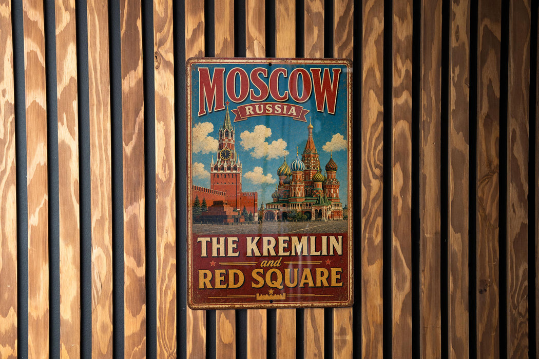 A vintage metal sign with the text "MOSCOW RUSSIA" and "THE KREMLIN and RED SQUARE" is displayed on a wooden wall.