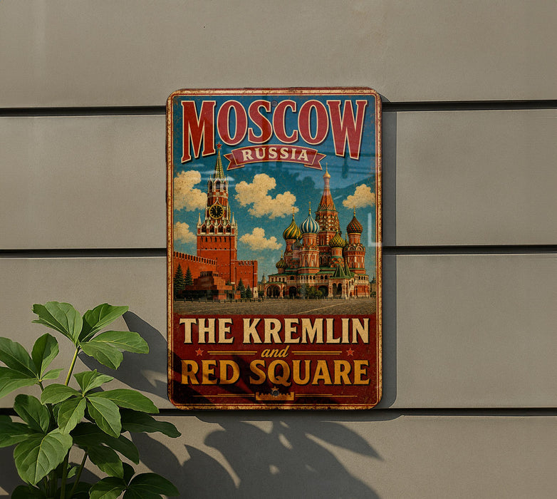 A vintage-style metal sign displaying the text "MOSCOW RUSSIA" and "THE KREMLIN AND RED SQUARE" against a backdrop of a city skyline, with the word "RED" prominently featured.