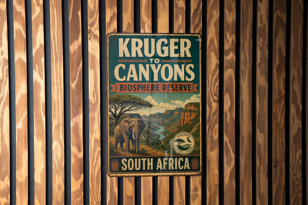A vintage-style metal sign for Kruger to Canyons Biosphere Reserve in South Africa, featuring an illustration of an elephant and a landscape with mountains and a river.