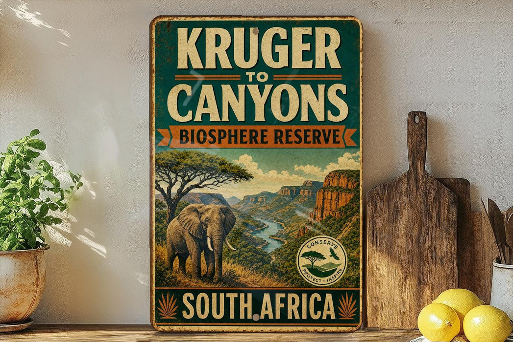a vintage-style sign for Kruger to Canyon Biosphere Reserve in South Africa, with a painting of an elephant and a mountainous landscape.