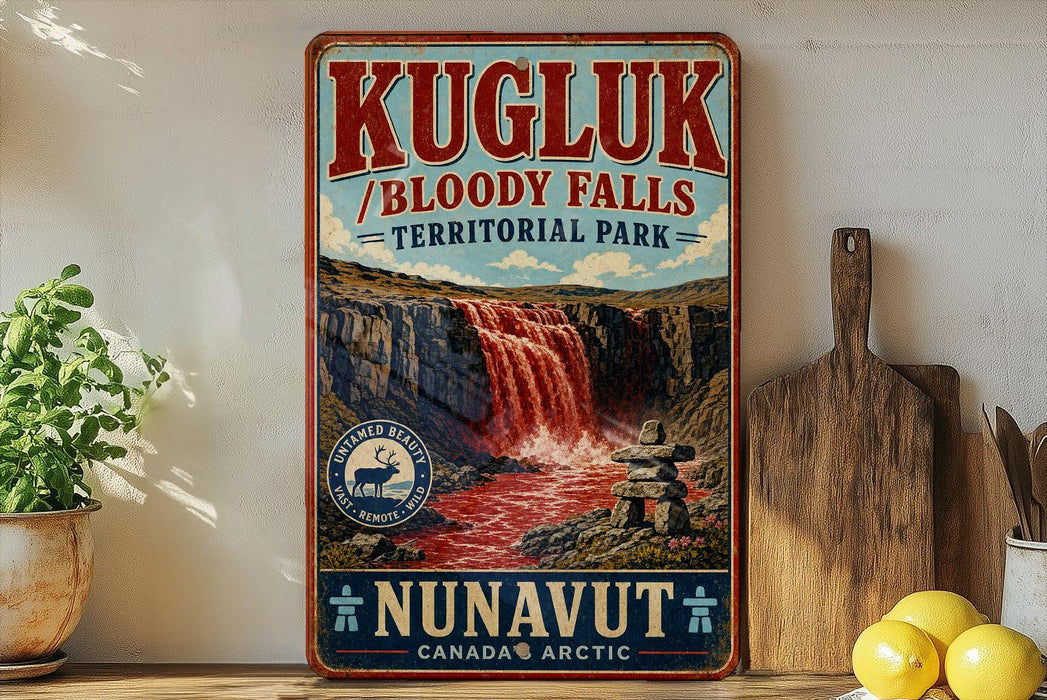A vintage-style sign for Kugluk/Bloody Falls, a remote park in Nunavut, Canada, featuring a waterfall and a stone structure.