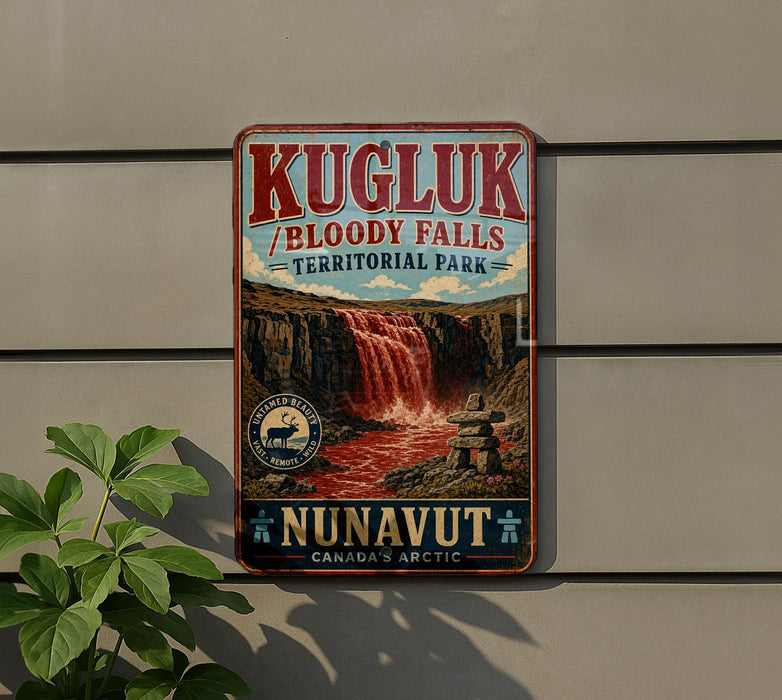 A vintage-style sign for Kugluk, a famous waterfall in Nunavut, Canada.