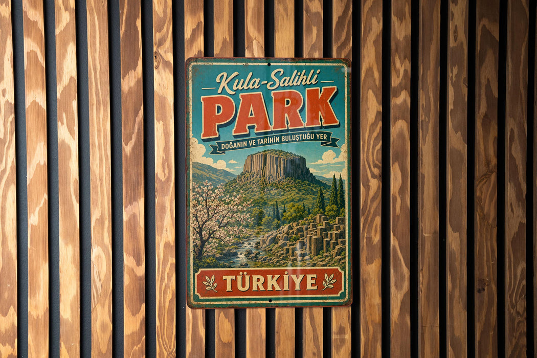 A vintage metal sign for Kula-Sahlili Park in Turkey, featuring a scenic landscape with mountains, trees, and a waterfall.
