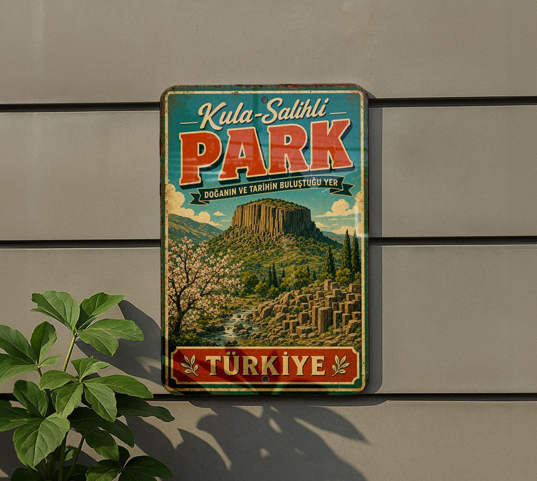 A vintage-style metal sign with the text "Kula-Sahlili Park" and "Türkîye" is displayed on a wall, with a plant to the left.