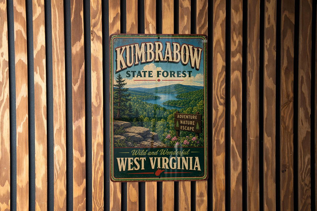A vintage-style metal sign for the Kumbarow State Forest in West Virginia, featuring a scenic landscape with a lake and mountains.