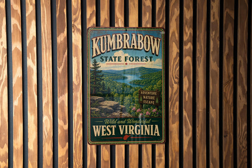 A vintage-style metal sign for the Kumbarow State Forest in West Virginia, featuring a scenic landscape with a lake and mountains.
