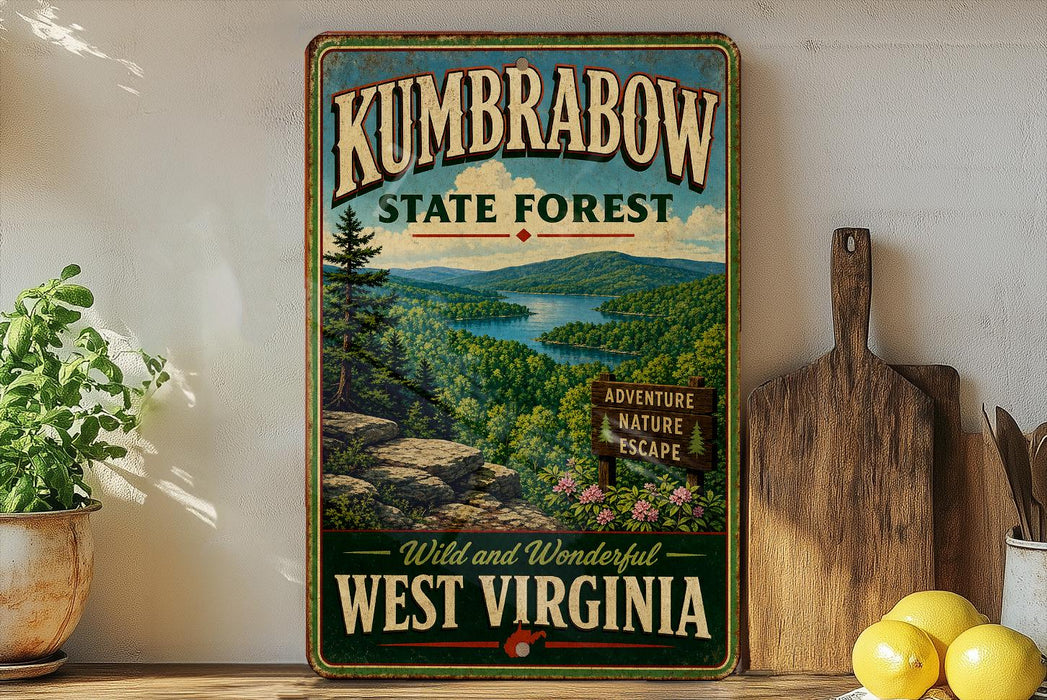 A vintage-style metal sign for Kumbrella State Forest in West Virginia, featuring a scenic landscape with mountains, trees, and a lake.