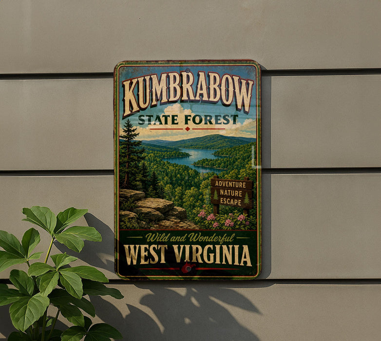 A vintage-style metal sign for Kumbrella State Forest in West Virginia, featuring a scenic landscape with mountains, trees, and a lake.