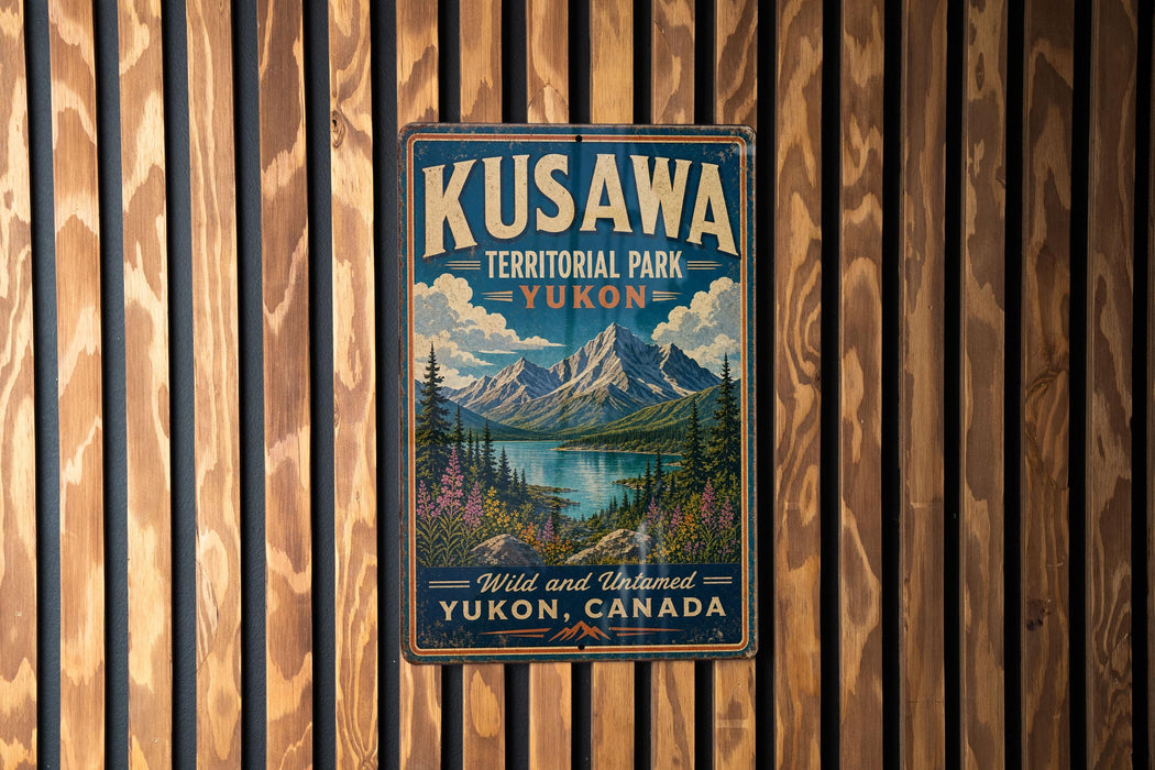 A vintage-style metal sign for Kuskawa Territorial Park in Yukon, Canada, featuring a mountain landscape and a lake.