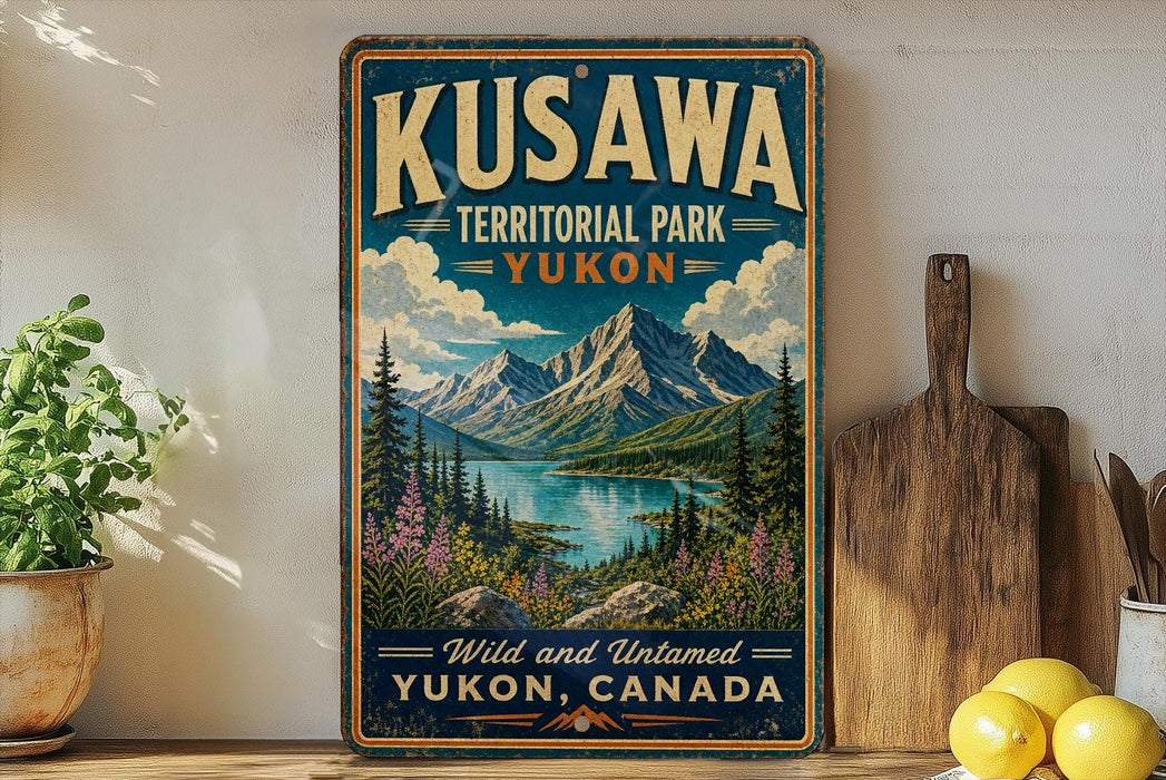 A vintage-style metal sign for Kuskawa Territorial Park in Yukon, Canada, featuring a scenic mountain landscape with a lake and pine trees.