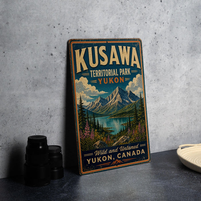 A vintage-style metal sign for Kuskawa Territorial Park in Yukon, Canada, featuring a scenic mountain landscape.