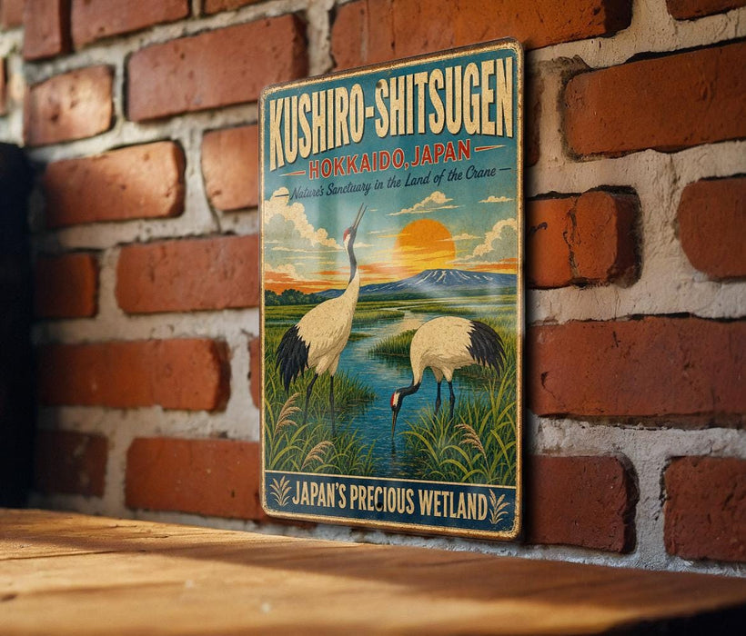 A vintage-style metal sign with a colorful illustration of two white birds, likely storks, standing in a grassy field with a river and mountains in the background. The sign is mounted on a brick wall.