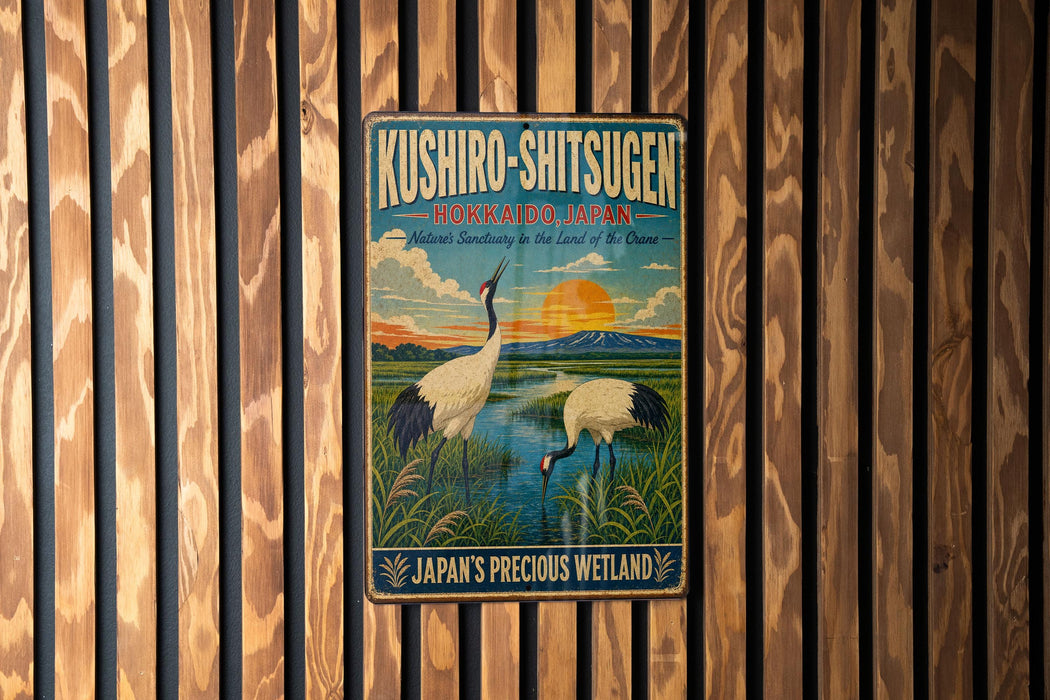 A vintage-style metal sign with a colorful illustration of two white birds standing in a grassy field, with a sunset in the background.