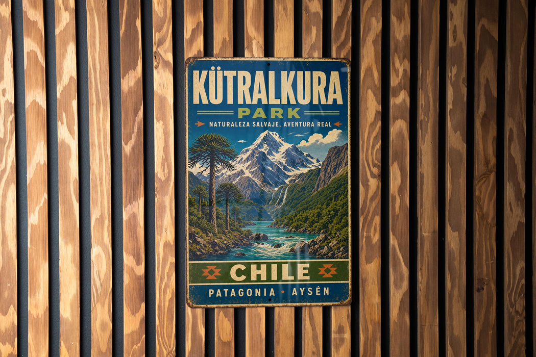A vintage metal sign for the Kutralkura Park in Chile, featuring a scenic mountain landscape with a river and lush vegetation.