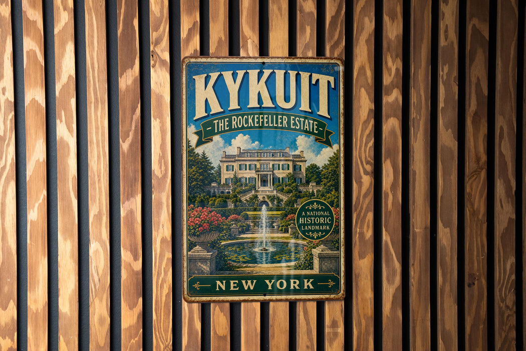 A vintage-style metal sign for the Rockefeller Estate in New York, featuring a large illustration of the estate's architecture and a fountain in the foreground.