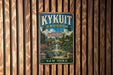A vintage-style metal sign for the Rockefeller Estate in New York, featuring a large illustration of the estate's architecture and a fountain in the foreground.