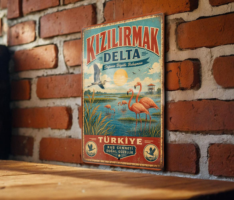 A vintage-style metal sign with a colorful illustration of flamingos and a scenic landscape, mounted on a brick wall.