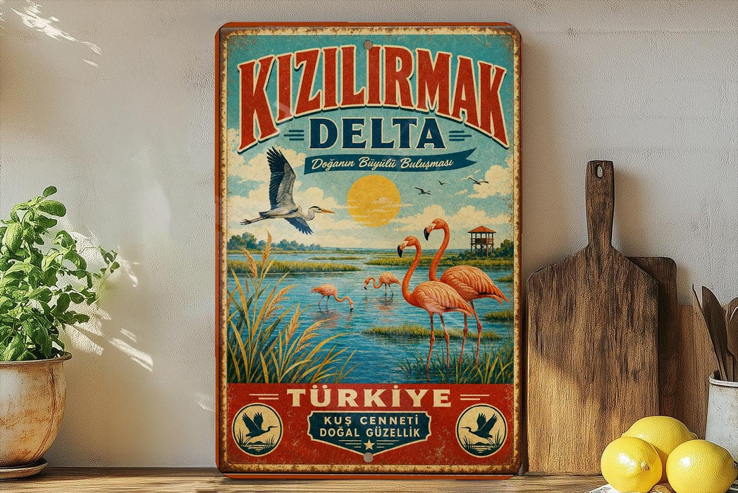 A vintage-style metal sign with a colorful illustration of flamingos, a bird, and a lake, along with text in Turkish. The sign is displayed on a shelf next to a wooden cutting board and some potted plants.