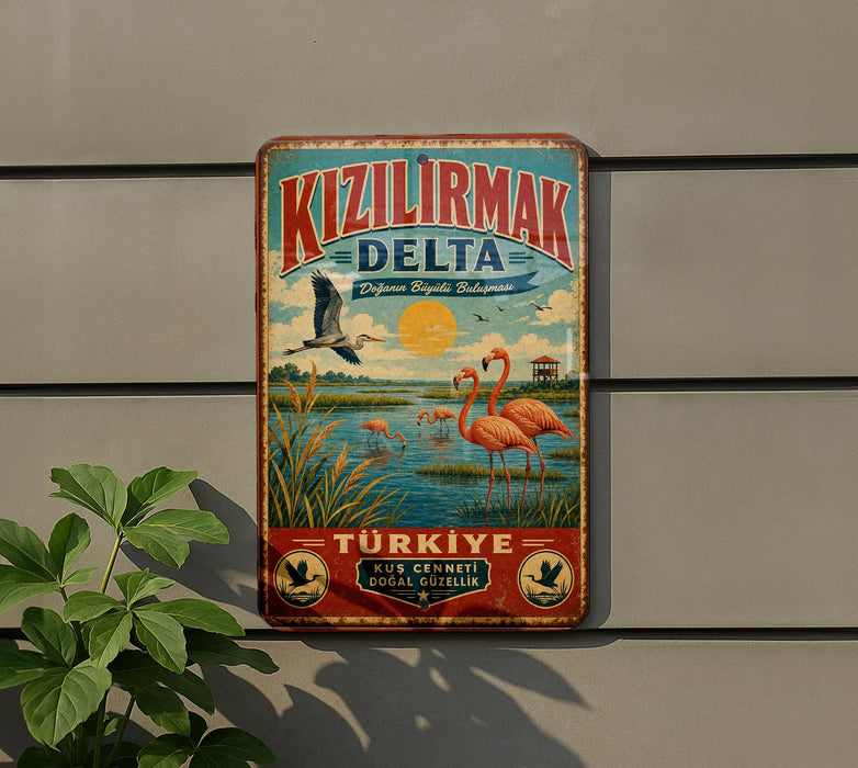A vintage metal sign with a colorful illustration of flamingos and a bird in flight, along with text in Turkish, hanging on a wall.