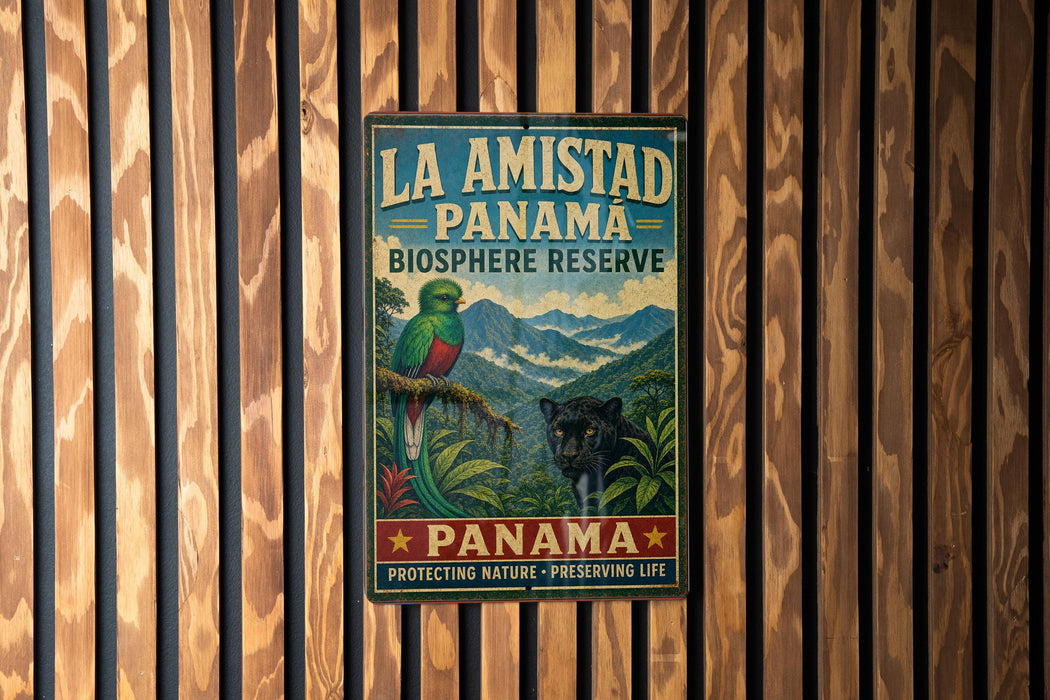 A vintage-style sign for the La Amistad Panama Biosphere Reserve, featuring a colorful illustration of a bird and a panther in a lush, tropical setting.
