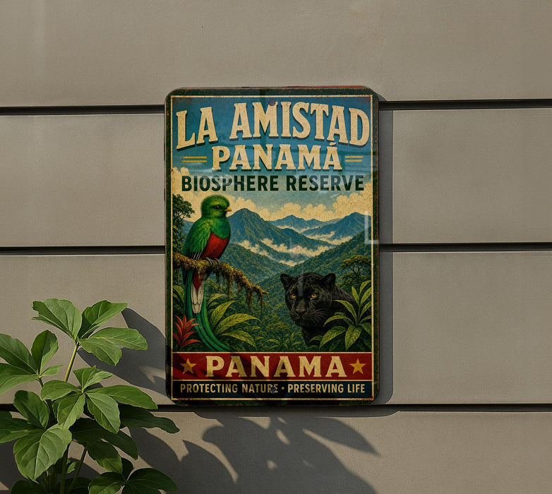 A vintage-style sign for the La Amistad Panama Biosphere Reserve, featuring a colorful illustration of a bird and a black panther in a lush, tropical setting.