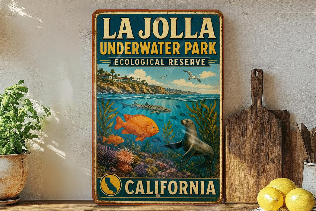 A vintage-style metal sign for La Jolla Underwater Park, an ecological reserve in California, featuring an illustration of marine life and a coastal landscape.