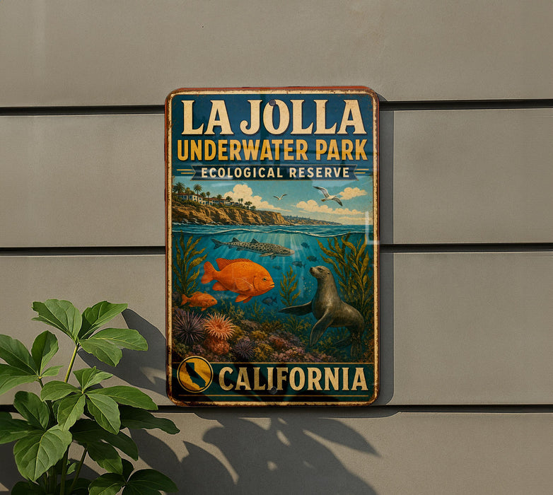 A vintage metal sign for La Jolla Underwater Park, featuring an illustration of underwater life and a seal.