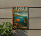 A vintage metal sign for La Jolla Underwater Park, featuring an illustration of underwater life and a seal.