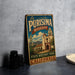 A vintage-style metal sign for La Purismo Mission, a historic park in California, featuring an illustration of a historic building and a bell tower.