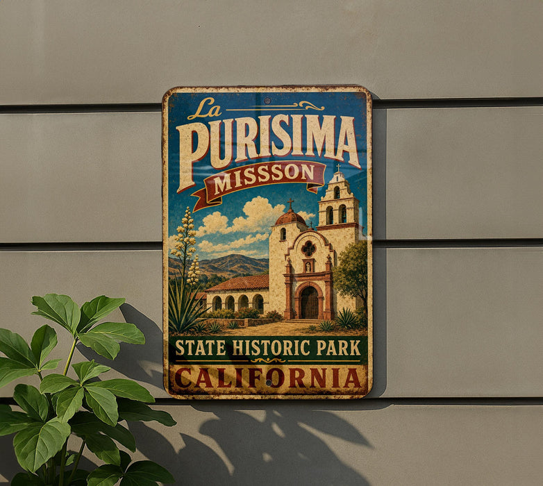 A vintage metal sign for La Purismo Mission, a State Historic Park in California, featuring an illustration of a historic building and a mountain landscape.