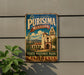 A vintage metal sign for La Purismo Mission, a State Historic Park in California, featuring an illustration of a historic building and a mountain landscape.