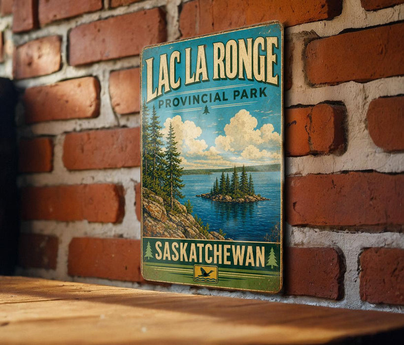 A vintage-style sign for Lac La Ronge Provincial Park in Saskatchewan, featuring a scenic landscape with pine trees, a lake, and mountains.