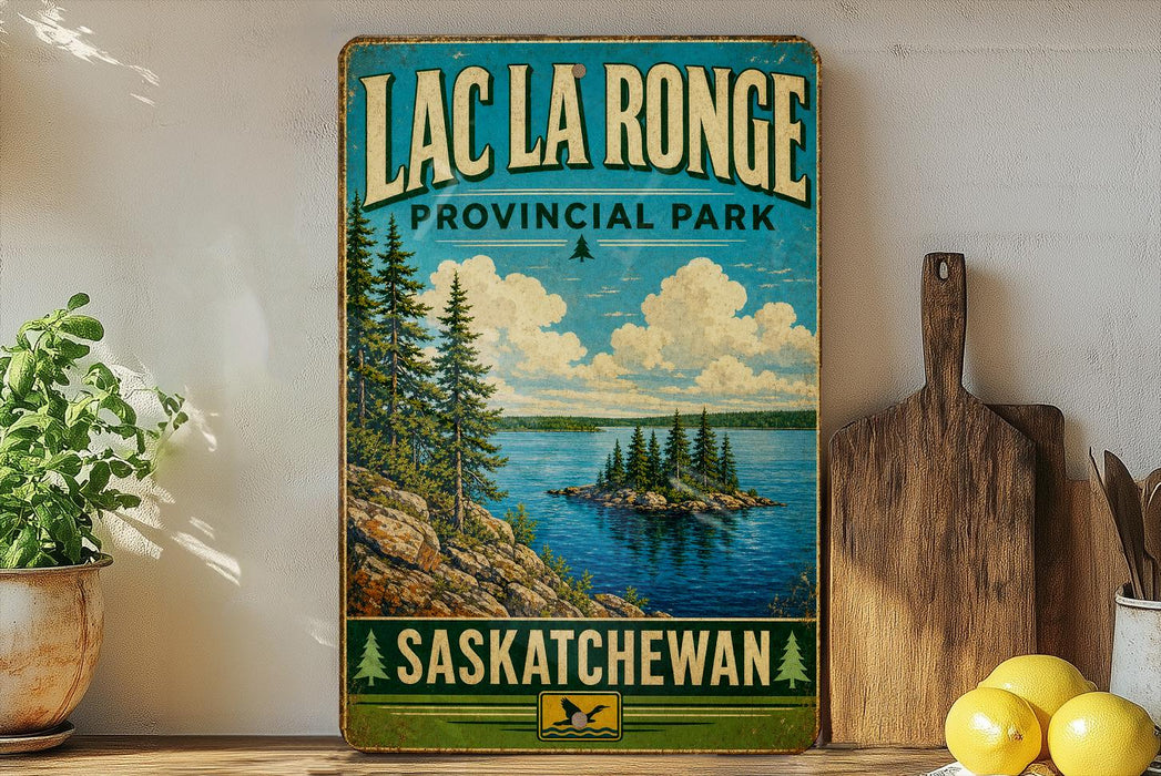 A vintage-style sign for Lac La Ronge Provincial Park in Saskatchewan, featuring a scenic landscape with pine trees, a lake, and a small island.