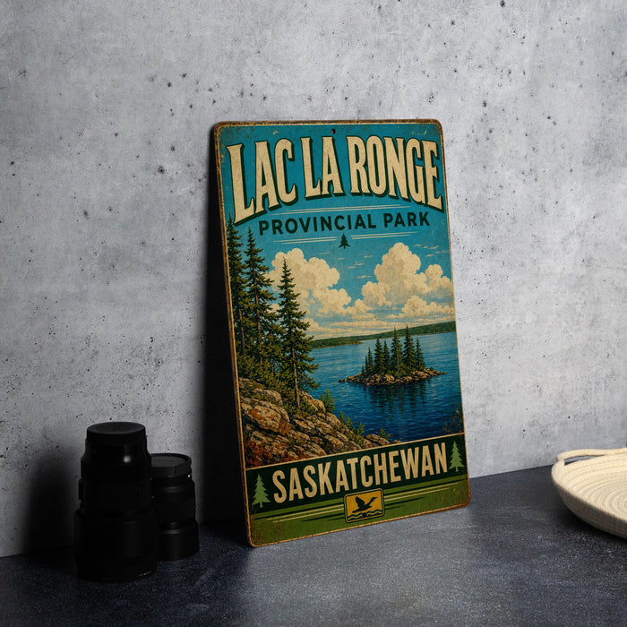 A vintage-style sign for Lac La Ronge Provincial Park in Saskatchewan, featuring a scenic landscape with pine trees, a lake, and mountains.