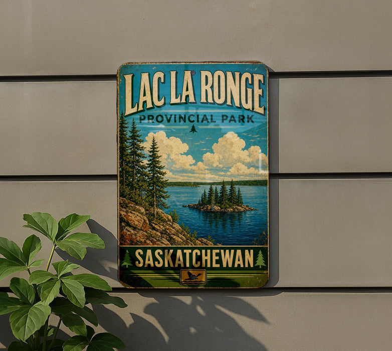 A vintage-style sign for Lac La Ronge, a scenic park in Saskatchewan, Canada.