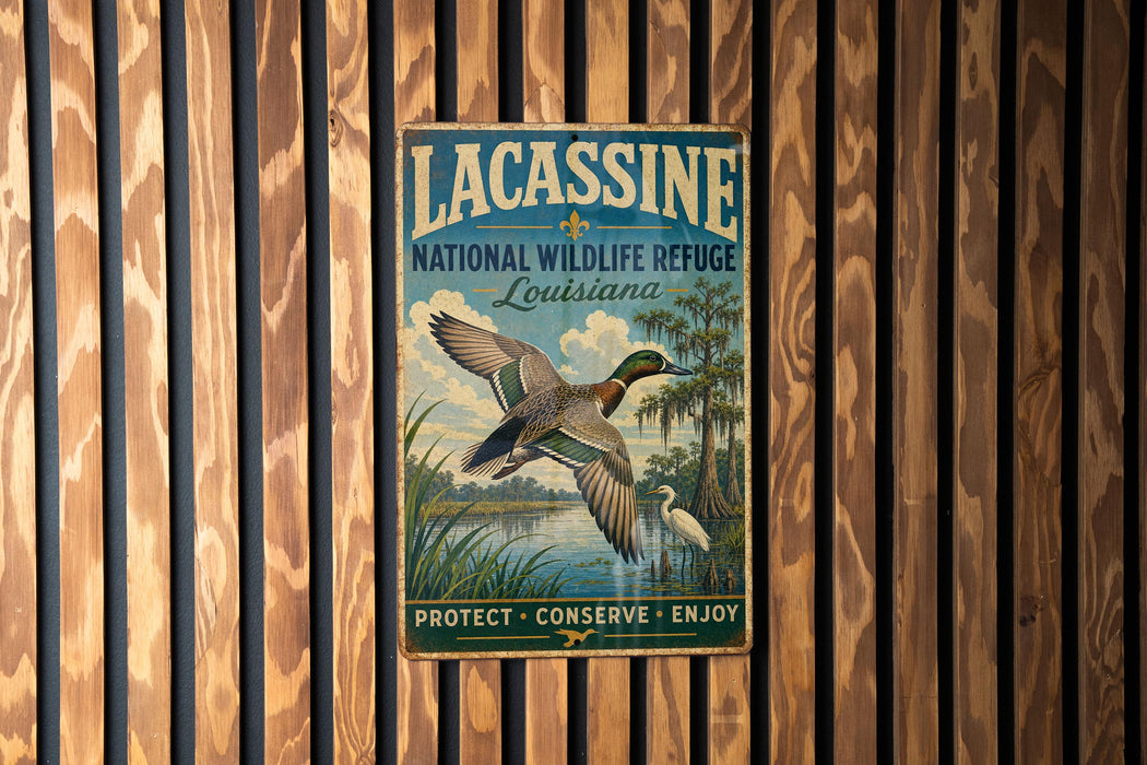 A vintage-style sign for the Lacasse National Wildlife Refuge in Louisiana, featuring a duck in flight and a lush, tropical landscape.