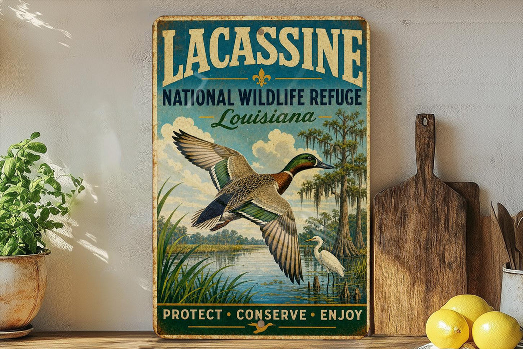 A vintage-style sign for the Lacasse National Wildlife Refuge in Louisiana, featuring an illustration of a duck in flight over a marshy area with trees and water.