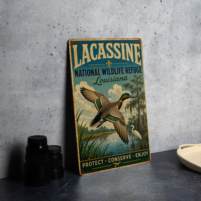 A vintage-style sign for the Lacassine National Wildlife Refuge in Louisiana, featuring an illustration of a bird in flight over a marsh landscape.