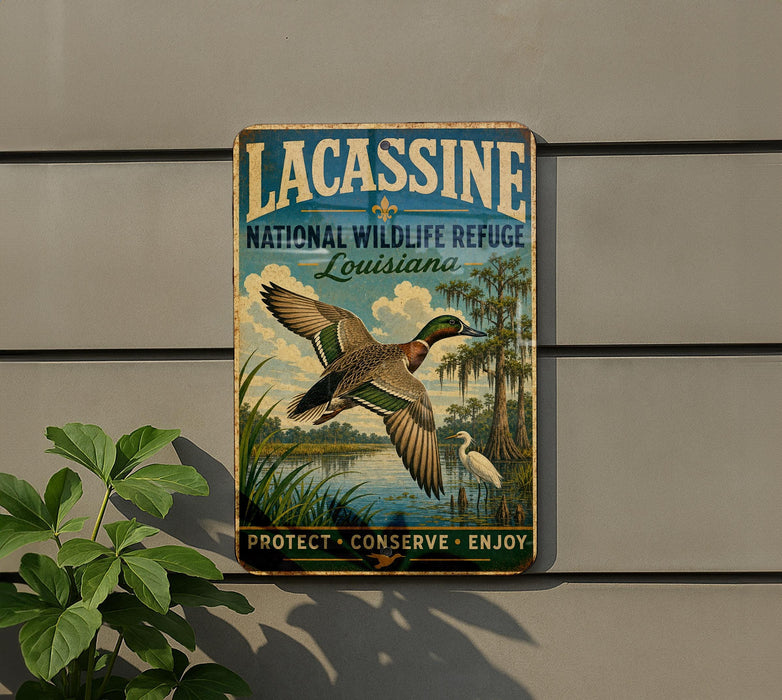 A vintage-style metal sign with a bird illustration, mounted on a wall next to a plant.
