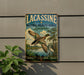 A vintage-style metal sign with a bird illustration, mounted on a wall next to a plant.