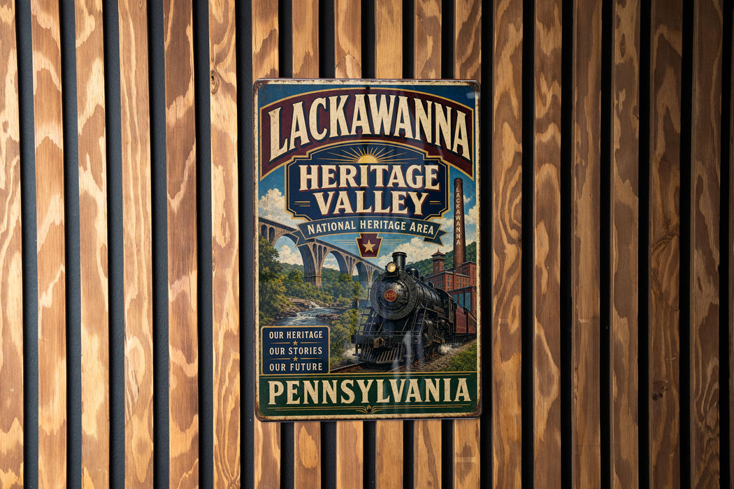 A vintage-style metal sign for the Lackawanna Heritage Valley National Heritage Area in Pennsylvania, featuring an illustration of a train and a scenic landscape.