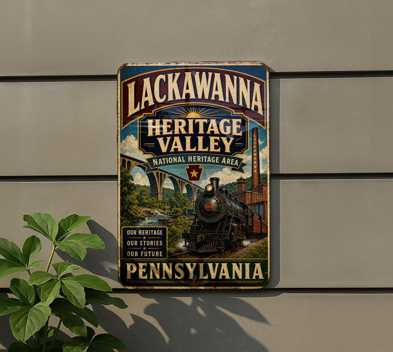 a vintage-style metal sign for Lackawanna Heritage Valley National Heritage Area, with a train depicted on the sign.