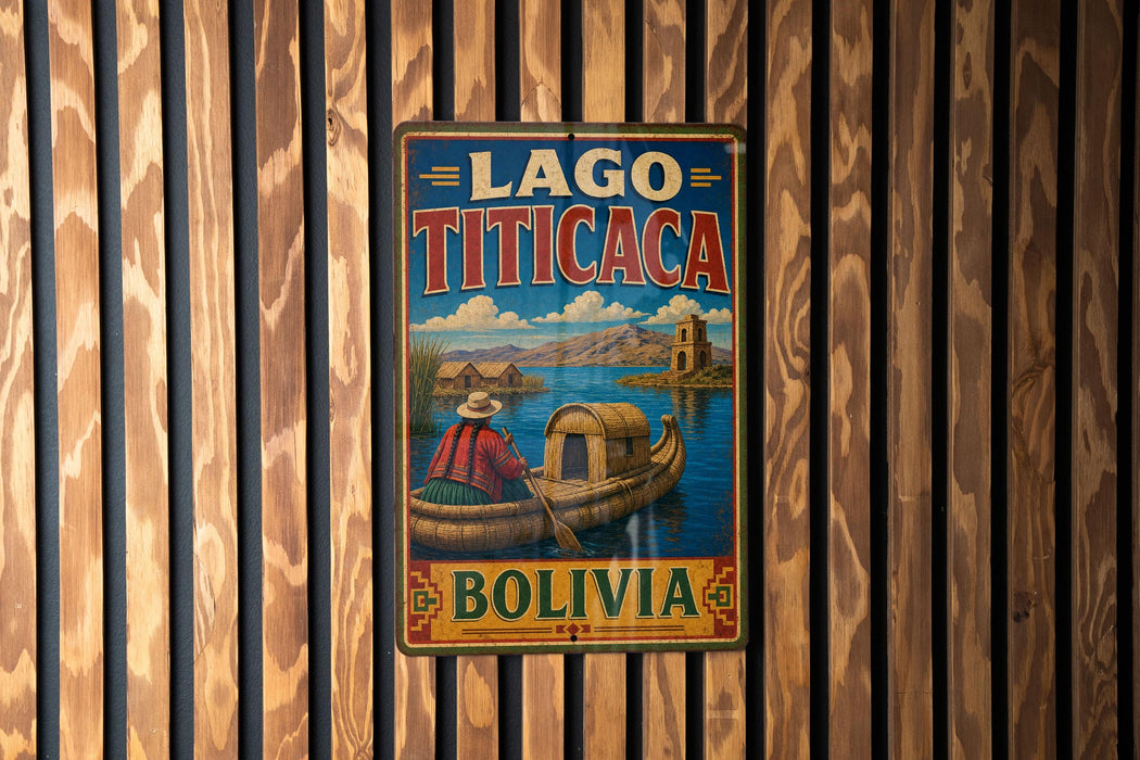 A vintage-style metal sign with the text "LAGO TITICACA BOLIVIA" displayed on a wooden wall.