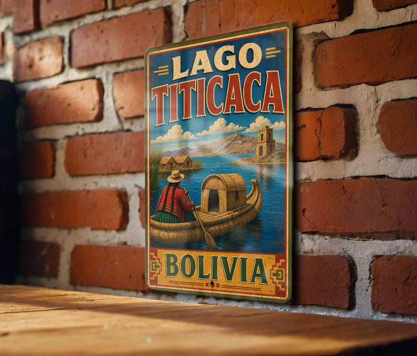 A vintage-style metal sign with the text "LAGO TITICACA BOLIVIA" displayed on a brick wall.