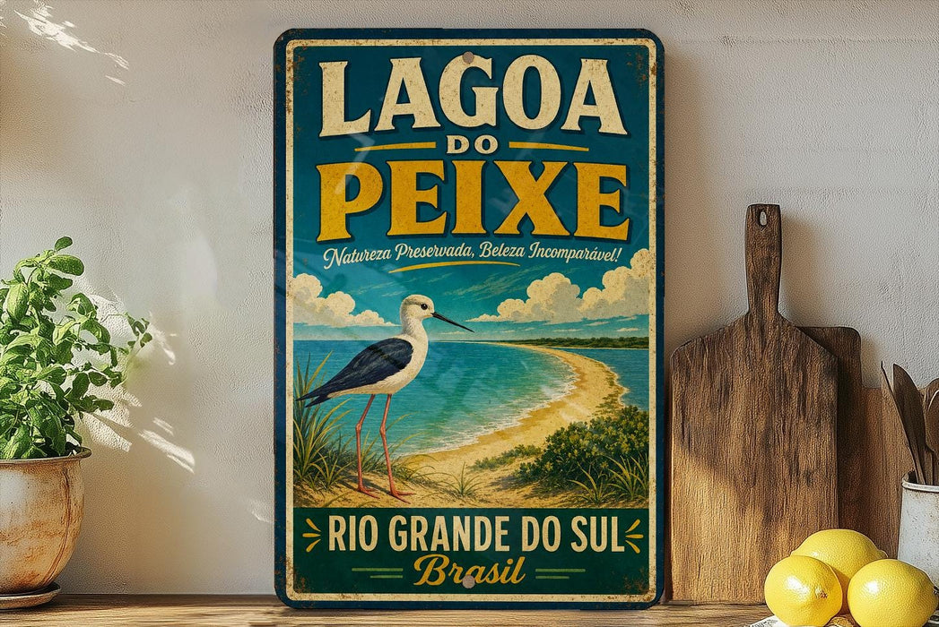 A vintage-style sign for the Lago do Peixe, a nature reserve in Brazil, featuring a seagull and a beach scene.