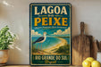 A vintage-style sign for the Lago do Peixe, a nature reserve in Brazil, featuring a seagull and a beach scene.